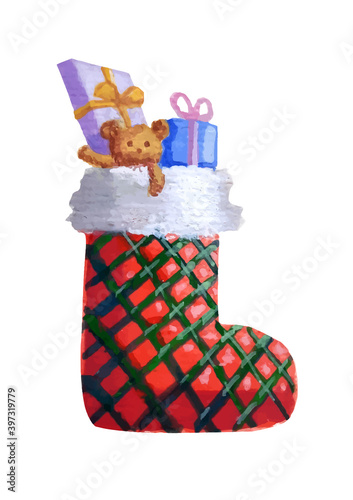 christmas stocking with gifts and decorations.