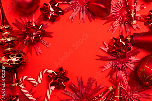 Red New Year and Christmas background. Decor  toys  decorations  balls.