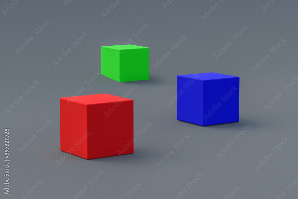 Red, green and blue cubes on gray background. Child mental development concept. 3d rendering Red, green and blue cubes on gray background. Child mental development concept. 3d rendering