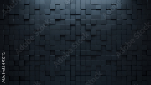 Futuristic, High Tech, dark background, with a square block structure. Wall texture with a 3D cube tile pattern. 3D render photo