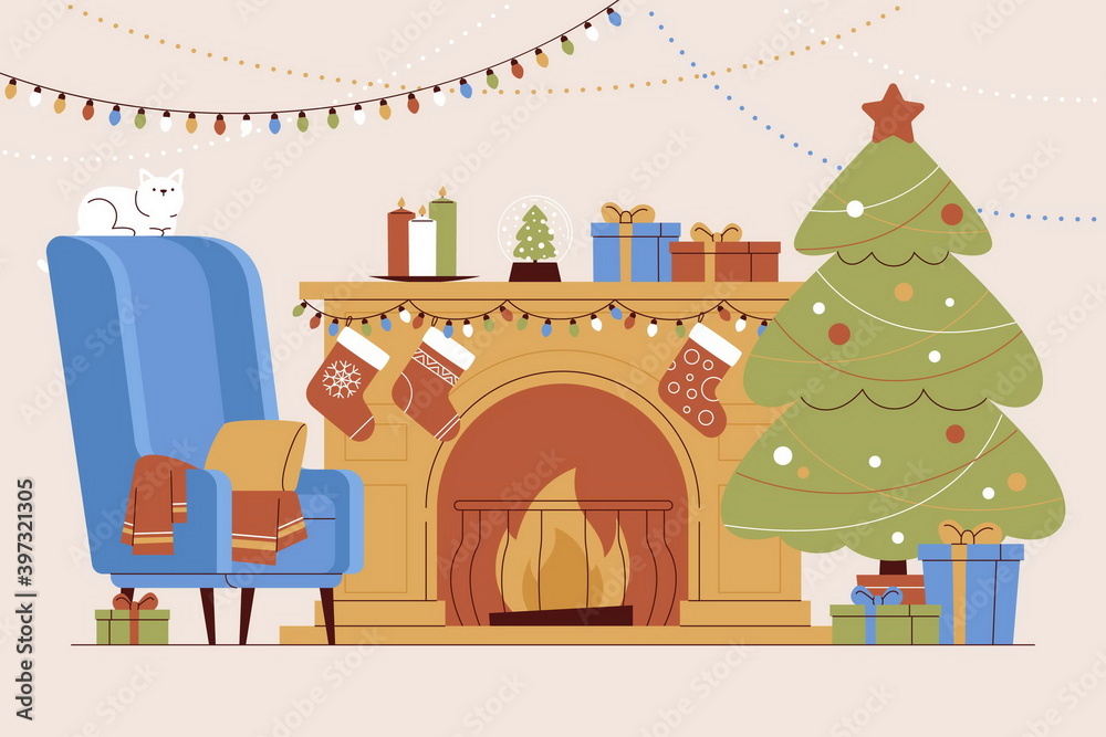 hand drawn christmas fireplace scene illustration hand drawn christmas fireplace scene illustration