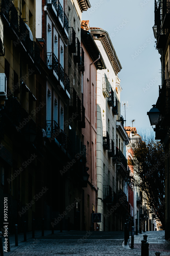 Small backstreet in Lavapies district in Madrid, Spain