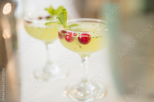 Close up of cocktails with garnish