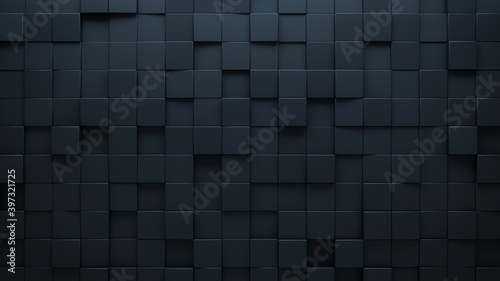 Futuristic, High Tech, dark background, with a square block structure. Wall texture with a 3D cube tile pattern. 3D render