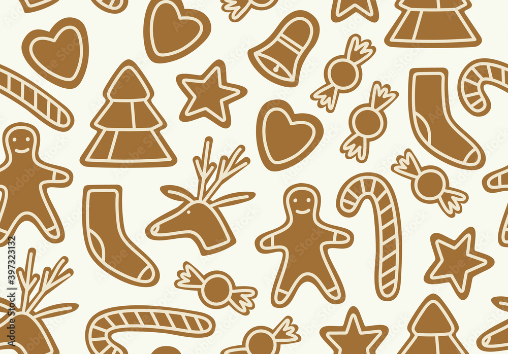 Seamless pattern of gingerbread cookies: sock, Christmas tree, star, heart, deer, man, bell, and candy. Hand-drawn cookies isolated on a beige background. Winter vacation concept. Seamless pattern of gingerbread cookies: sock, Christmas tree, star, heart, deer, man, bell, and candy. Hand-drawn cookies isolated on a beige background. Winter vacation concept.