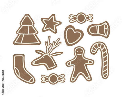 Vector illustration of gingerbread cookies: sock, Christmas tree, star, heart, deer, man, bell, and candy. Set of hand-drawn cookies isolated on white background. Winter vacation concept.