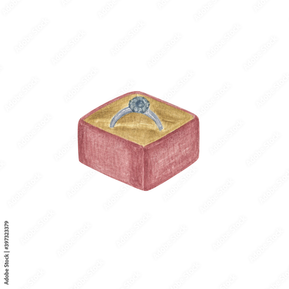 Wedding or engagement golden ring with precious gemstone watercolor isolated illustration of trendy fashionable accessory for cards, invitations, banners Wedding or engagement golden ring with precious gemstone watercolor isolated illustration of trendy fashionable accessory for cards, invitations, banners