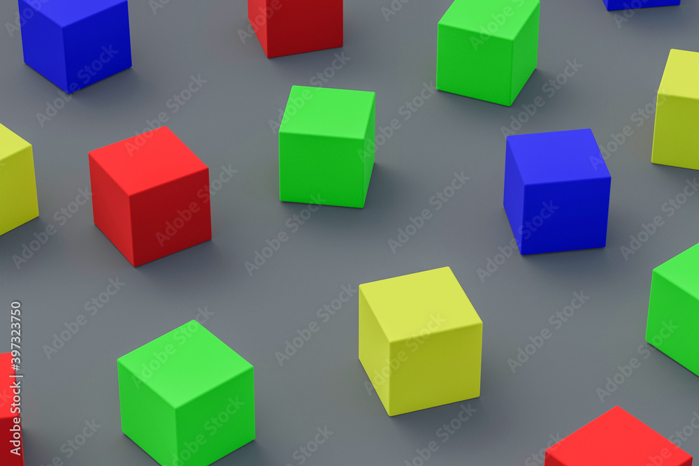 Many scattered colorful toy cubes on gray background. Child mental development and rehabilitation. 3d rendering Many scattered colorful toy cubes on gray background. Child mental development and rehabilitation. 3d rendering