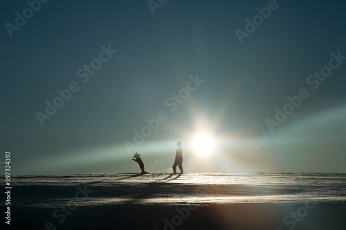 girl with dog in winter in the field