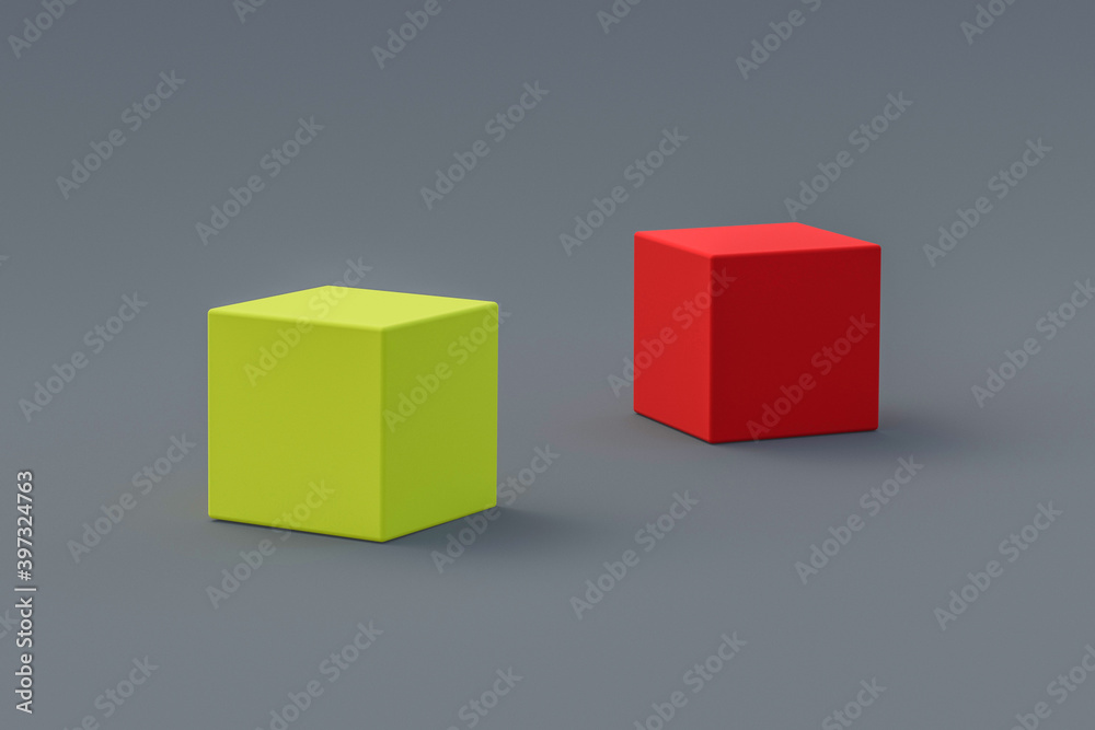 Two cubes on gray background. Simple geometry shape. Minimalism. 3d rendering Two cubes on gray background. Simple geometry shape. Minimalism. 3d rendering