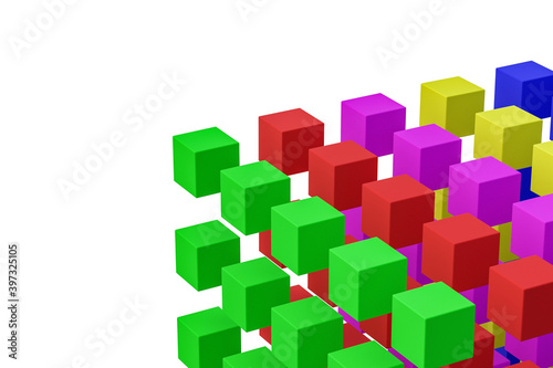 One large cube made of many multi colored small isolated on white background. 3d rendering