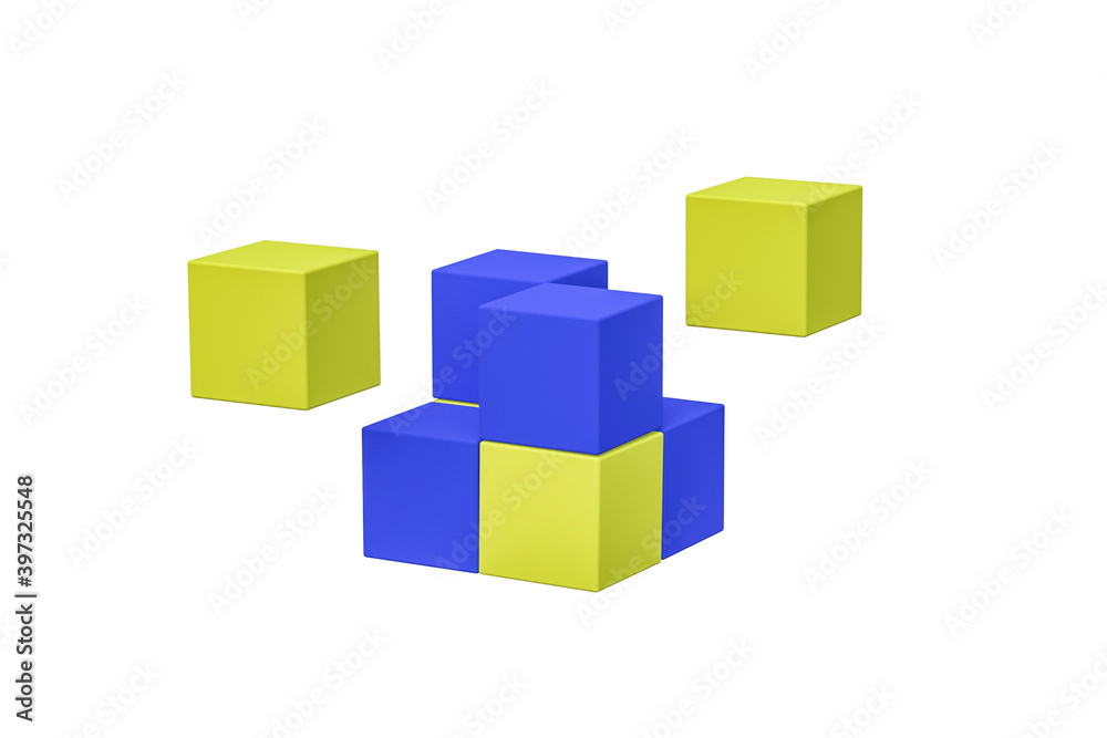 Blue and yellow cubes isolated on white background. 3d rendering Blue and yellow cubes isolated on white background. 3d rendering