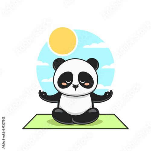 cute panda do meditation with sky background