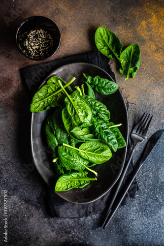 Organic food concept with fresh spinach