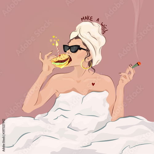 Young glamorous woman celebrating Birthday eating a burger with a candle in it and smoking weed. Birthday greeting card concept. Hedonystic lifestyle. Fashion illustration vector.