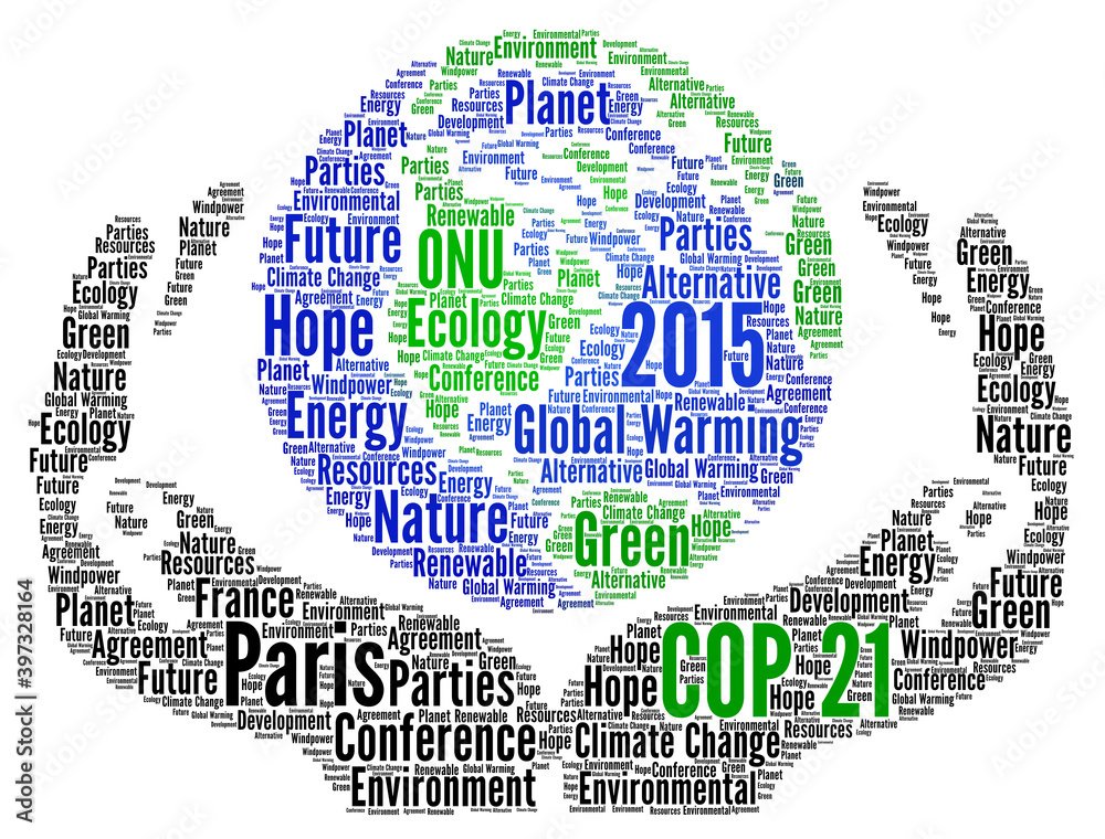 COP 21 word cloud concept in Paris 2015 - obrazy, fototapety, plakaty 