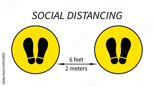 Social distance footprints. Black soles in yellow circle with detailed spacing arrow markings coronavirus pandemic prevention with caution warning and personal social vector space notification.