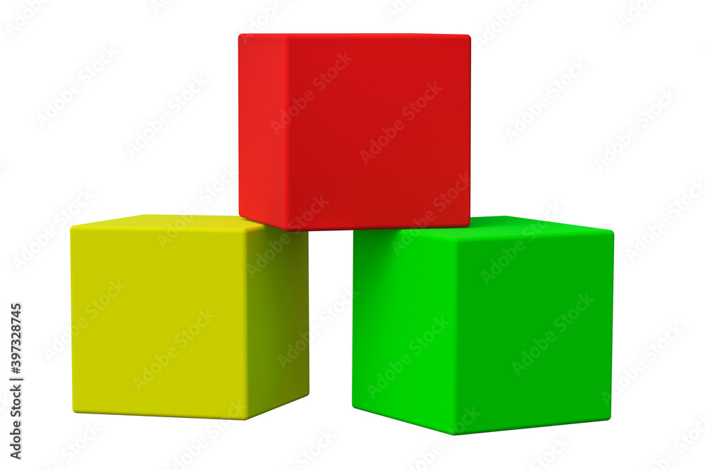 Stack of three colorful toy cubes isolated on white background. 3d rendering Stack of three colorful toy cubes isolated on white background. 3d rendering