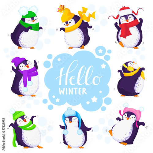 Happy penguin characters in different poses and hats set. Merry Christmas or new year greetings. Hello winter. Vector illustration in cartoon style.