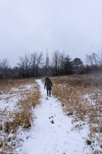 Fototapeta Naklejka Na Ścianę i Meble -  Woman walks down snowy path