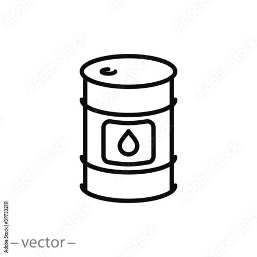 barrel with oil icon, metal cask liquid, chemical canister, thin line symbol on white background - editable stroke vector illustration