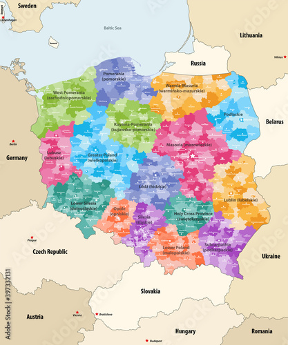 Poland administrative divisions colored by provinces(known as voivodeships) with neighbouring countries an territories  Vector map photo