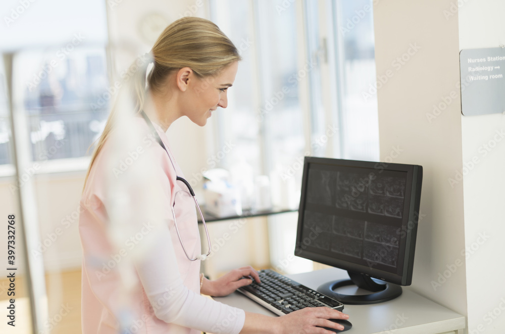 Female nurse working on computer Female nurse working on computer