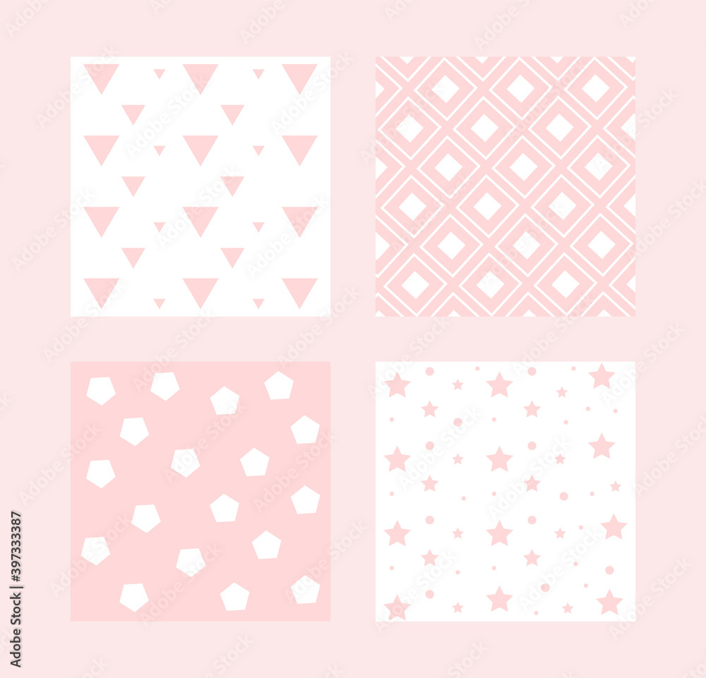 Cute set seamless pattern of geometric shapes, pink, lovely cards, design for decoration, wrapping paper, print, fabric or textile, stylish collection, vector illustration, flat design, pastel colors