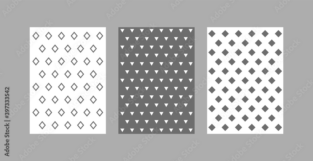 Cute set seamless pattern of geometric shapes, grey, lovely cards, design for decoration, wrapping paper, print, fabric or textile, stylish collection, vector illustration, flat design