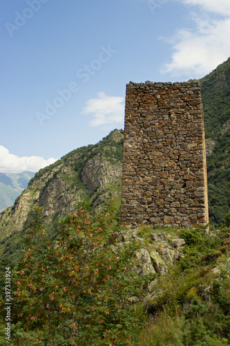 Beautiful nature, tourism, summer landscape, green grass and trees, mountains, old ruins, watchtower