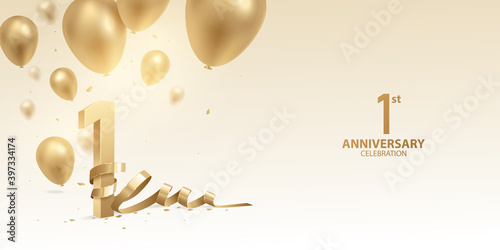 1st Year anniversary celebration background. 3D Golden numbers with bent ribbon, confetti and balloons. photo