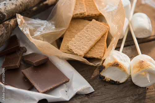 Studio Shot of toasted marshmallows, chocolate and graham crackers