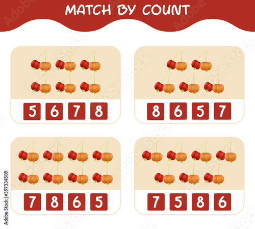 Match by count of cartoon pitangas. Match and count game. Educational game for pre shool years kids and toddlers photo