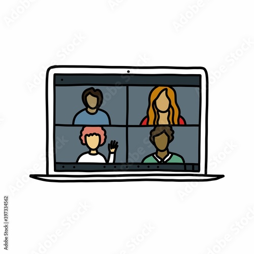 zoom laptop doodle icon, vector color illustration