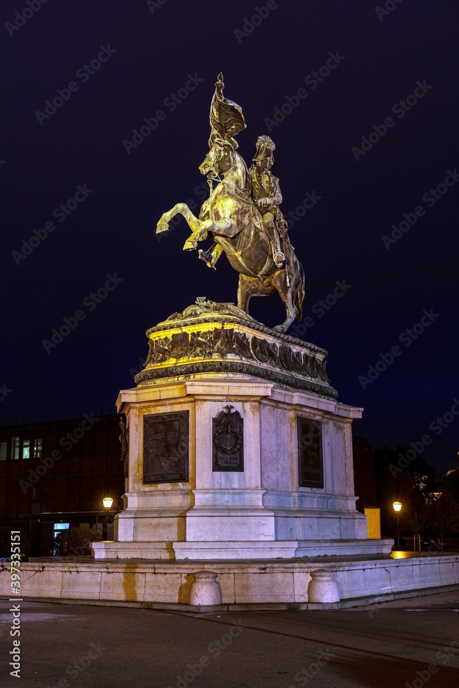 Equestrian statue of Archduke Charles of Austria (1860) at night, Vienna, Austria