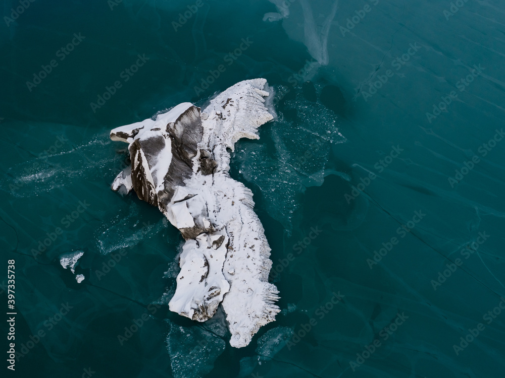 Obraz premium Aerial view of beautiful frozen glacier lagoon in Tibet,China