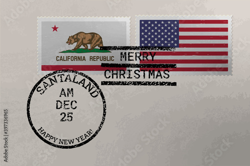 Postage stamp envelope with California and US flag, Christmas and New Year stamps, vector