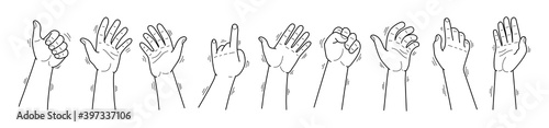 Set of thin line hands in different gestures emotions and signs on white background. Vector illustration.