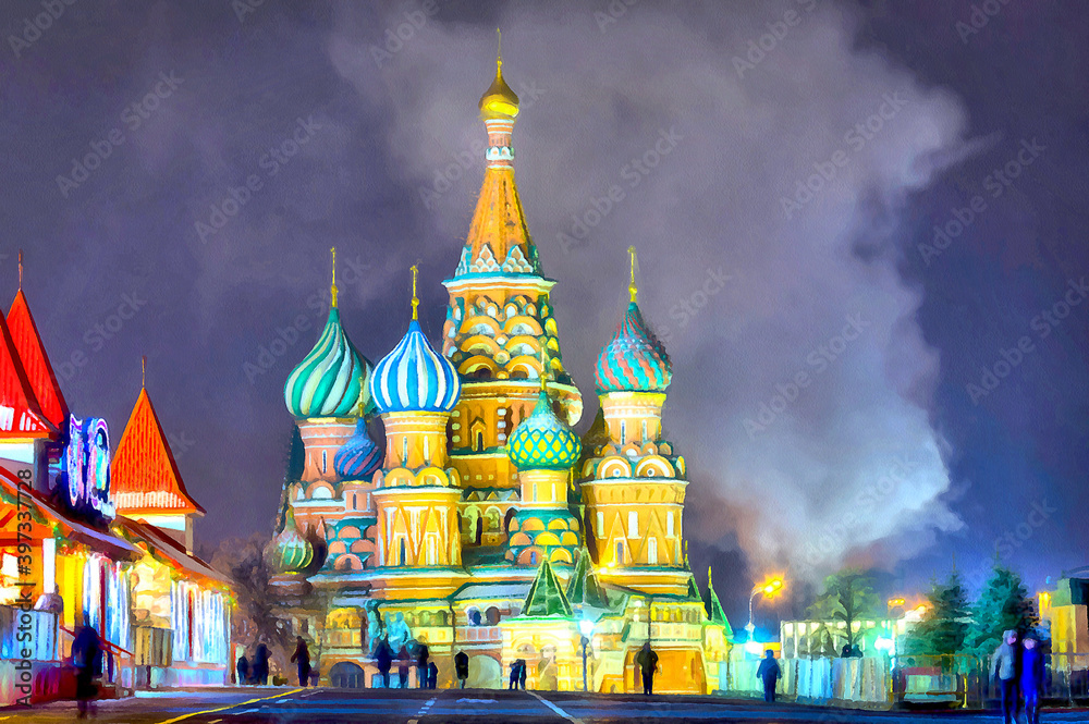 Red Square and St. Basil's Cathedral in beautiful Christmas illumination on New Year holidays