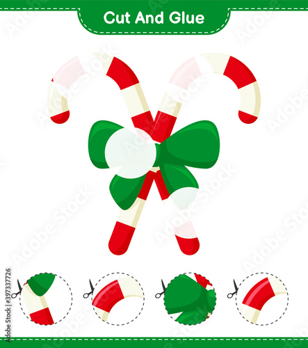 Cut and glue, cut parts of Candy Canes with Ribbon and glue them. Educational children game, printable worksheet, vector illustrations