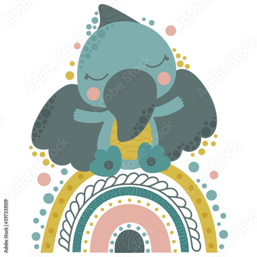 Cute isolated childrens illustration of cartoon pterosaur toddler sitting on a rainbow on a white background. For printing on baby clothes and products, nursery decor, poster, postcard. Vector.
