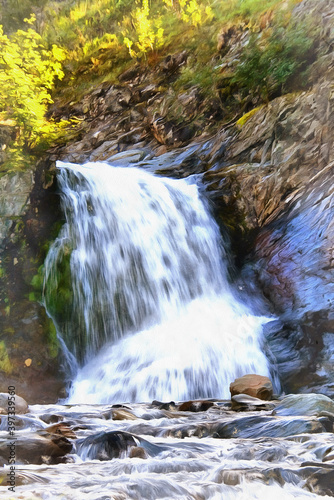 Beautiful mountain waterfall at Polar Urals colorful painting.