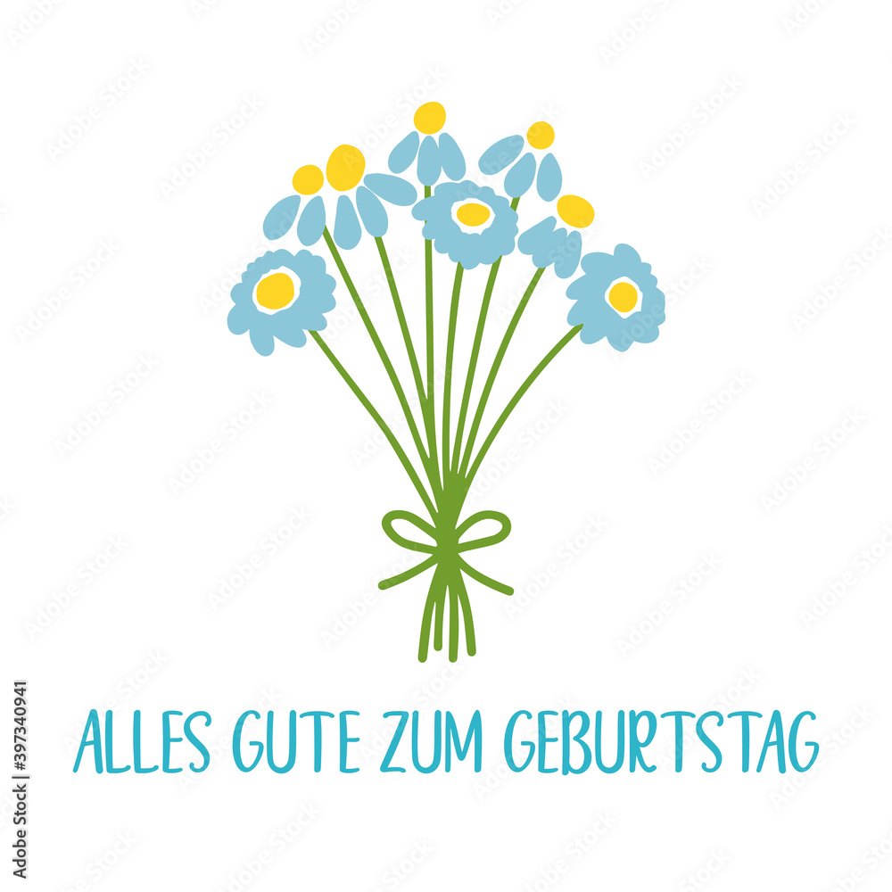 Handgeschriebene Phrase Alles gute zum Geburtstag als logo mit Blumen. Lettering für Poster 