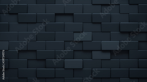 Futuristic, High Tech, dark background, with a offset rectangular block structure. Wall texture with a 3D rectangle tile pattern. 3D render photo