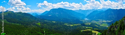 A Big panoramic photo of the Austrian alps. Salzkammergut region. View from Predigtstuhl. 