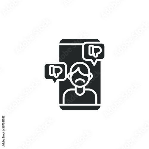 Cyber bullying glyph icon. Abuse, internet harassment warning, hate, bully, social media insult. Sad face of online gossip victim. Vector illustration design on white background EPS10