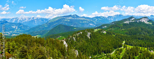A Big panoramic photo of the Austrian alps. Salzkammergut region. View from Predigtstuhl. 