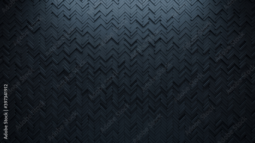 Futuristic, High Tech, dark background, with a herringbone block structure. Wall texture with a 3D parquet tile pattern. 3D render Futuristic, High Tech, dark background, with a herringbone block structure. Wall texture with a 3D parquet tile pattern. 3D render