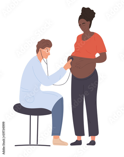 Pregnant woman at doctors appointment. Doctor listening girls belly with stethoscope. Cartoon colorful character. Concept of motherhood, maternity. Flat cartoon vector illustration