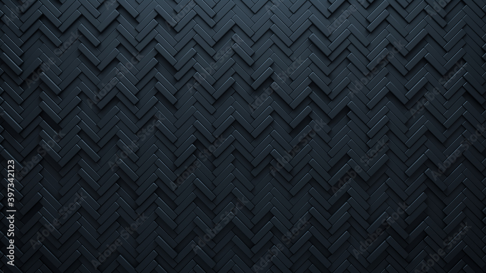 Futuristic, High Tech, dark background, with a herringbone block structure. Wall texture with a 3D parquet tile pattern. 3D render Futuristic, High Tech, dark background, with a herringbone block structure. Wall texture with a 3D parquet tile pattern. 3D render